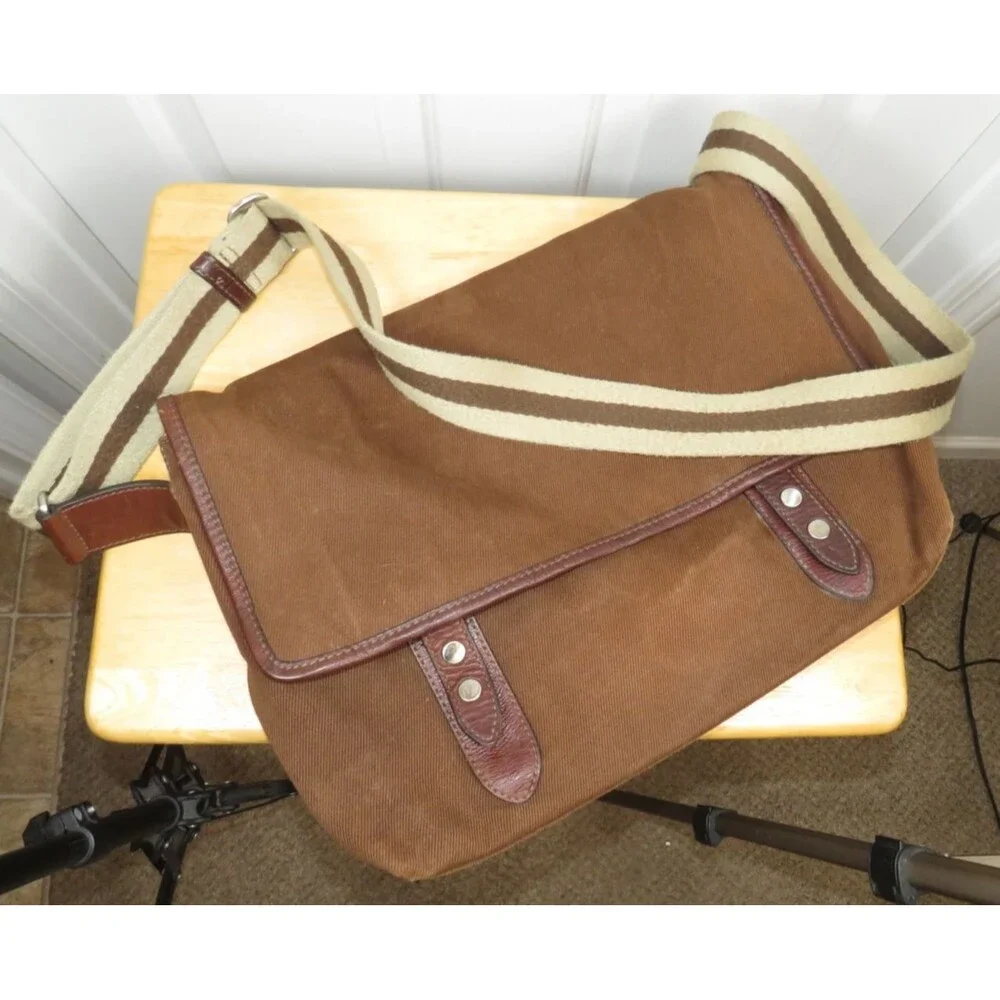 VTG Banana Republic Messenger Bag Canvas Brown Striped Strap & Lining Travel Y2K